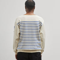 Kapital Unisex 12G Panel Stripe Knit Boat-Neck Sweater (BONE Sleeve), ECRxBlue