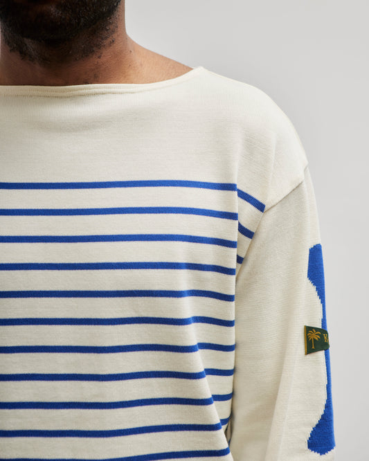 Kapital Unisex 12G Panel Stripe Knit Boat-Neck Sweater (BONE Sleeve), ECRxBlue