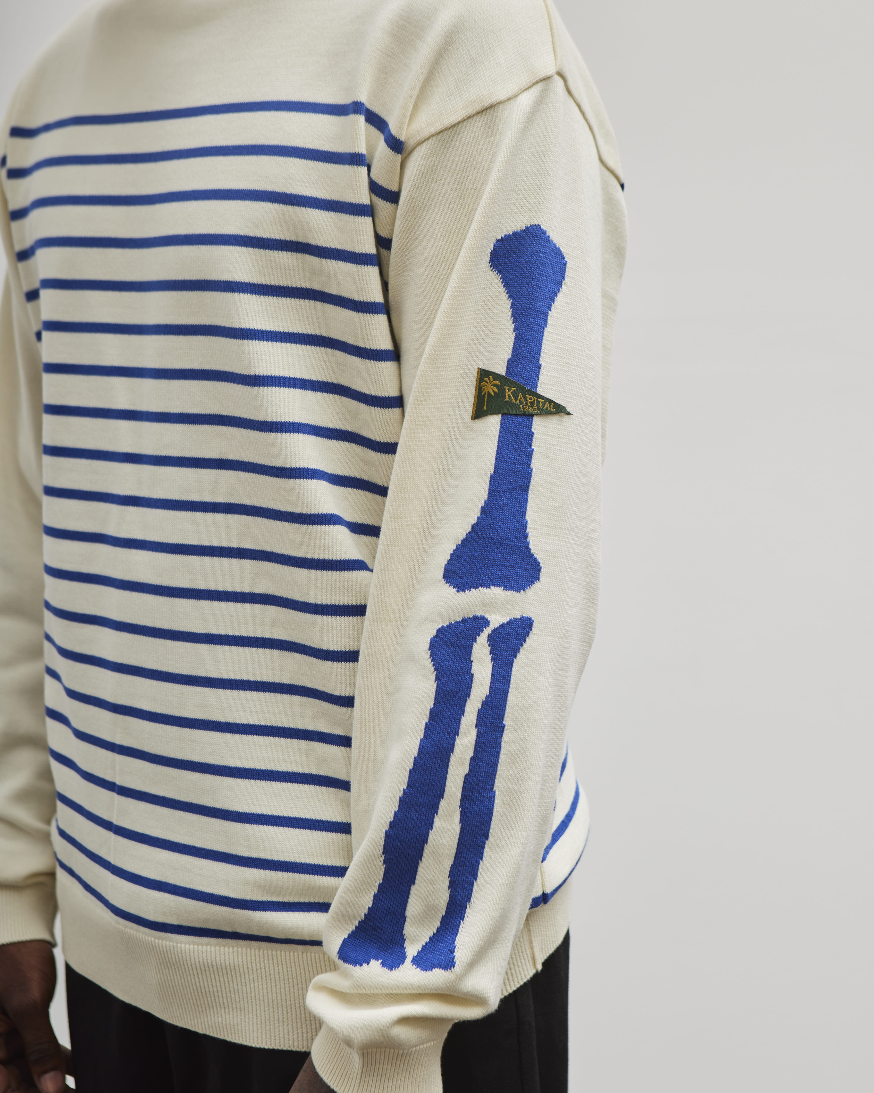 Kapital Unisex 12G Panel Stripe Knit Boat-Neck Sweater (BONE