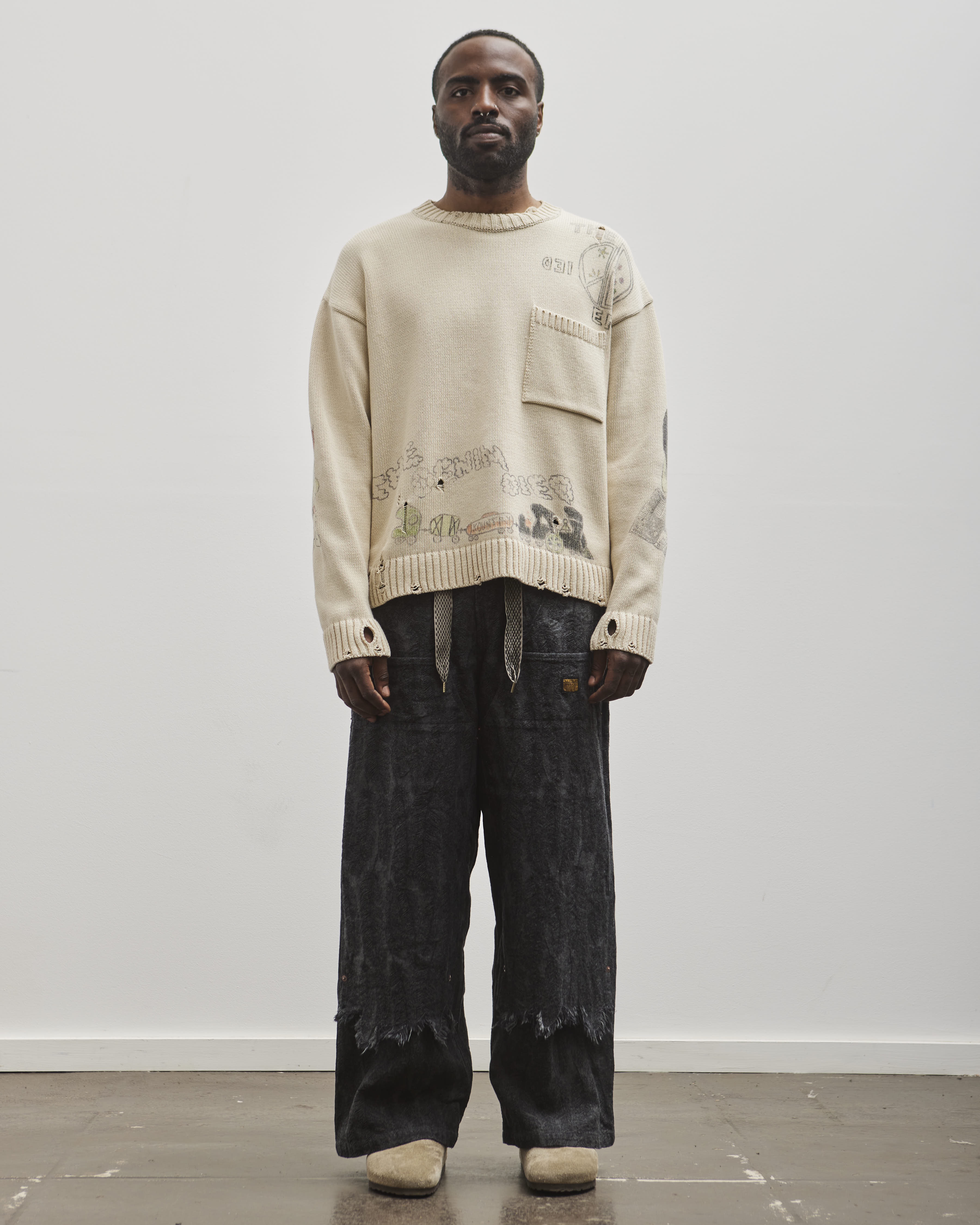 Kapital Unisex 12oz MAGPIE Denim W-Knee Easy Baggy Pants, BLKxBLK