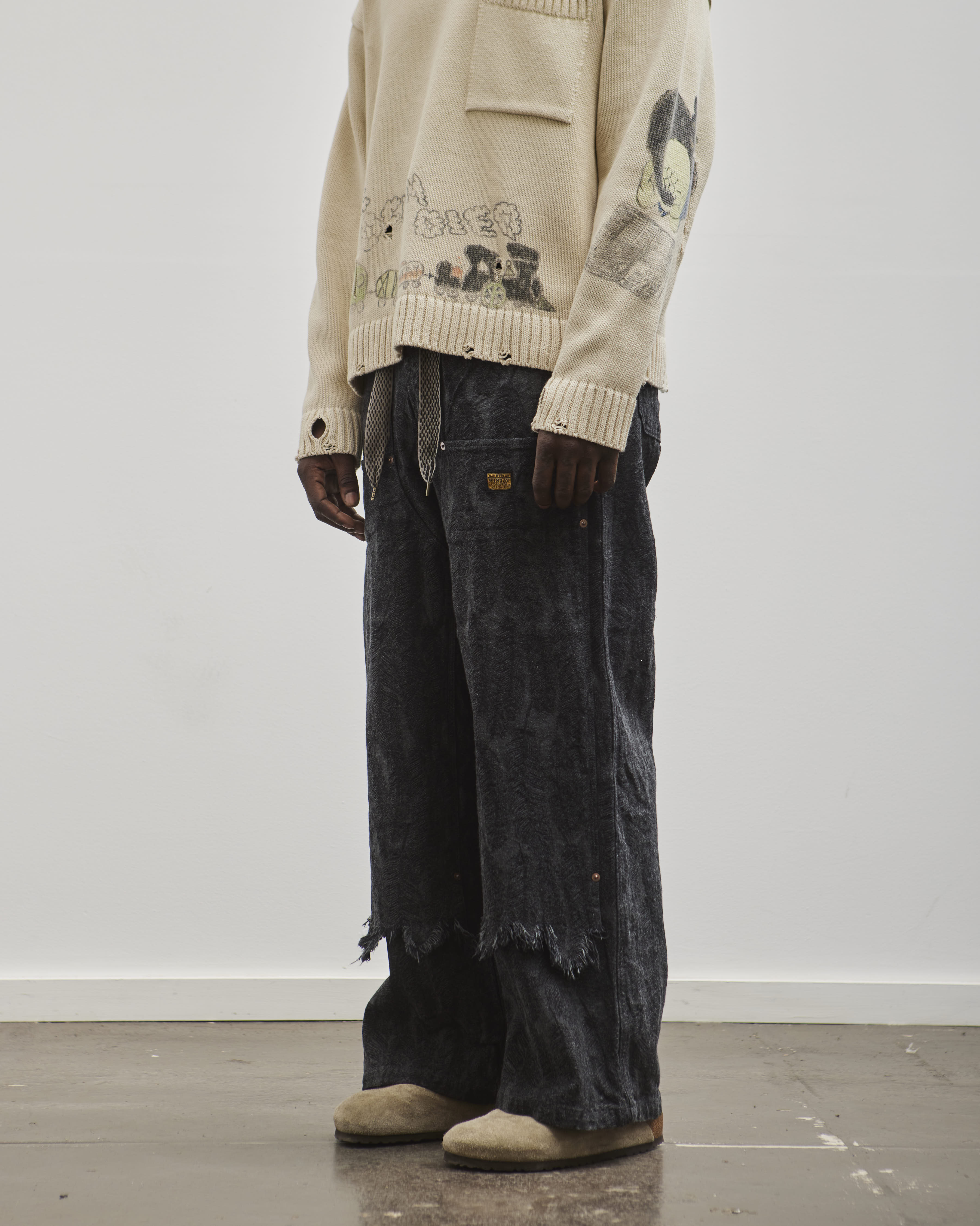 Kapital Unisex 12oz MAGPIE Denim W-Knee Easy Baggy Pants, BLKxBLK