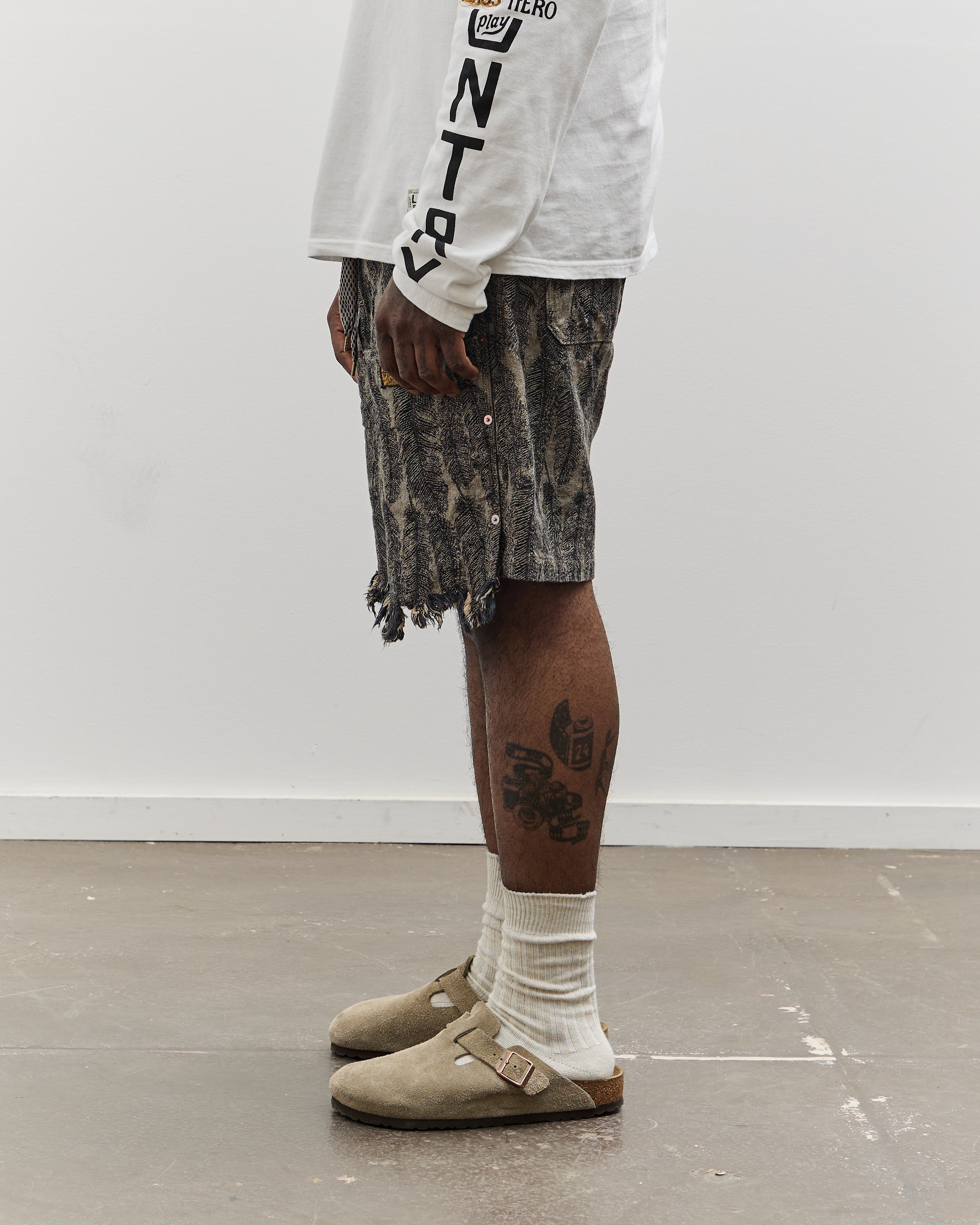 Kapital 12 oz. Magpie Denim W Knee 短パン Kapital 12oz MAGPIE Denim W-Knee Easy Short Pants, BLKxBE