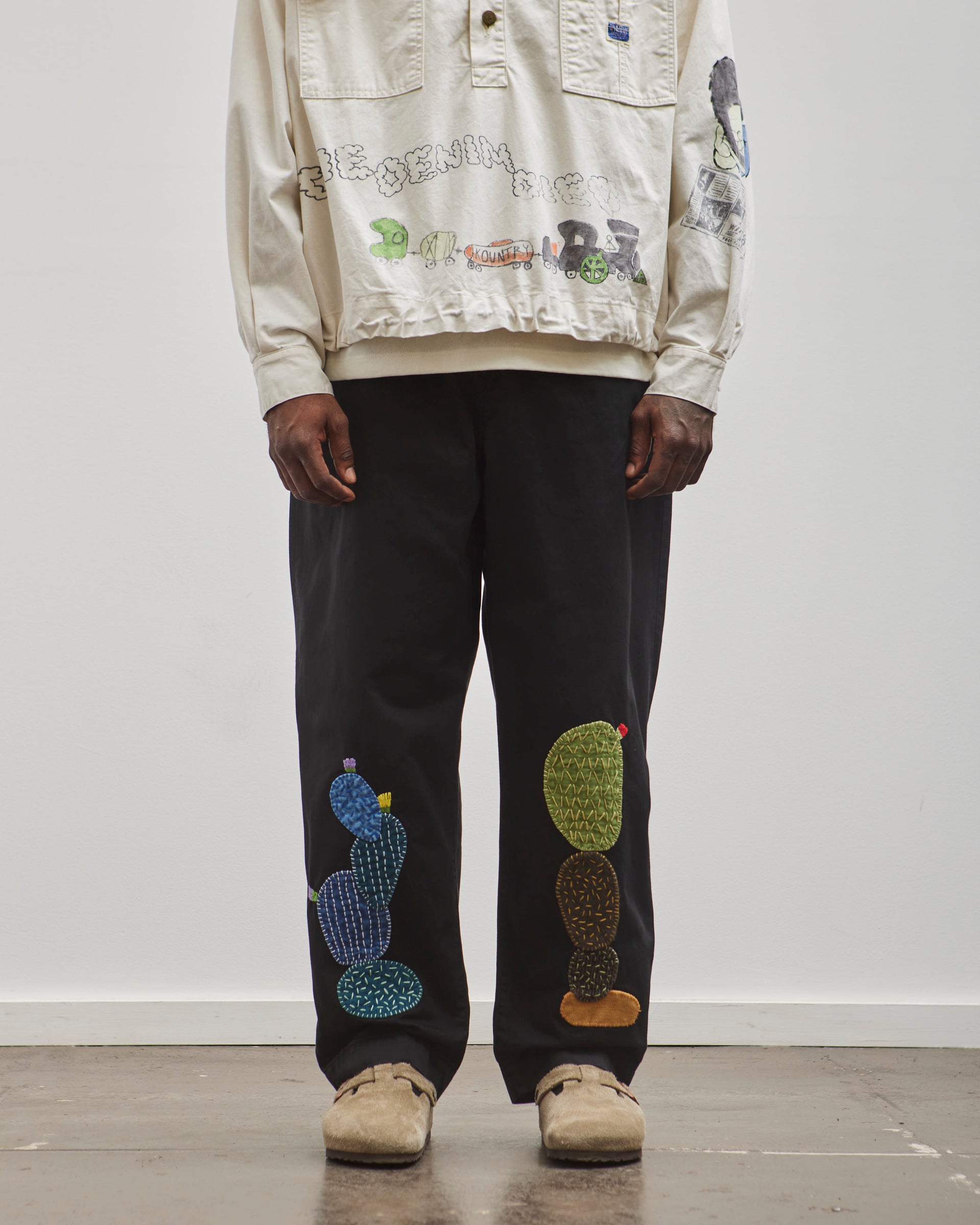 Kapital Unisex Chino High Waisted NIME Pants (CACTUS Embroidery), Black 1 (XS)