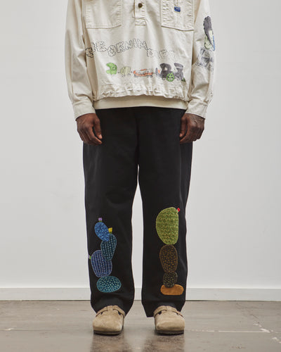 Kapital Unisex Chino High Waisted NIME Pants (CACTUS Embroidery), Black