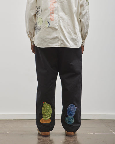 Kapital Unisex Chino High Waisted NIME Pants (CACTUS Embroidery), Black