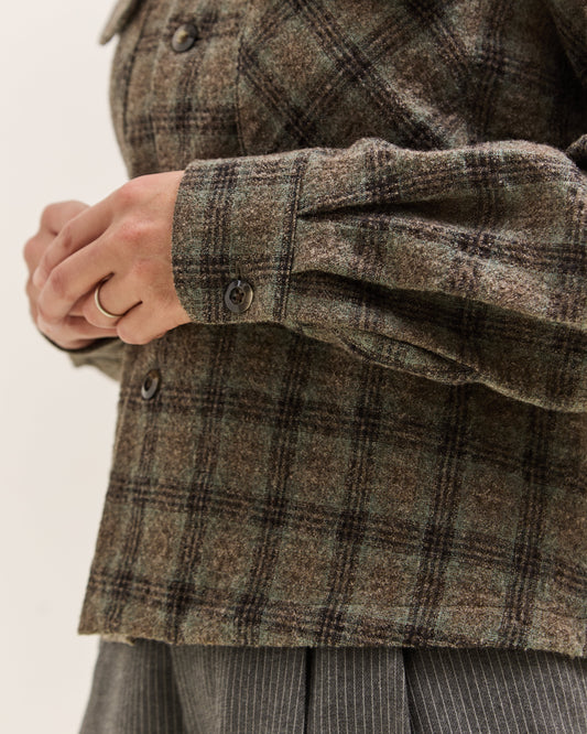 Kapital Wool Check Cropped Board Shirt, Green