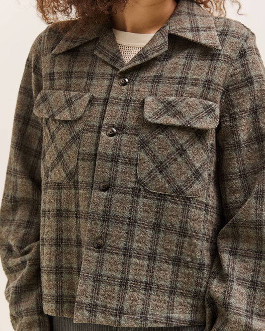 Kapital Wool Check Cropped Board Shirt, Green