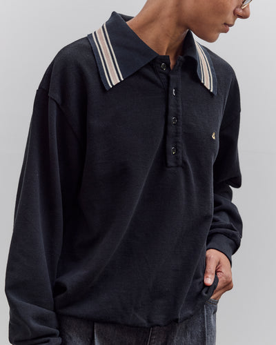 Piquet Large Pointed Collar Retro Polo, Black