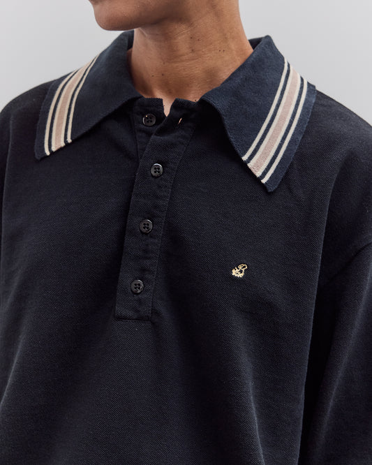 Piquet Large Pointed Collar Retro Polo, Black