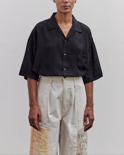Soft Linen Open Collar Big Shirt, Black