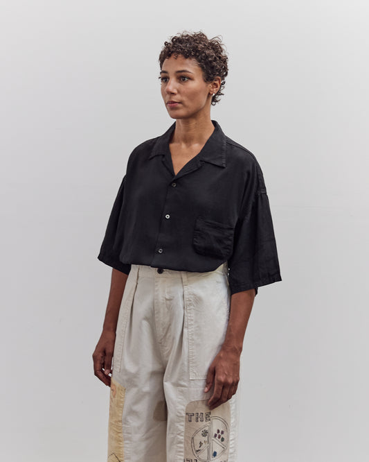 Soft Linen Open Collar Big Shirt, Black
