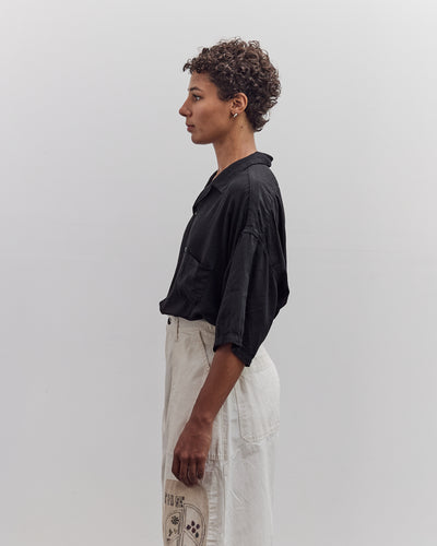 Soft Linen Open Collar Big Shirt, Black