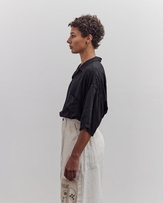 Soft Linen Open Collar Big Shirt, Black