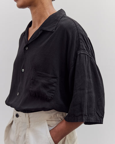 Soft Linen Open Collar Big Shirt, Black