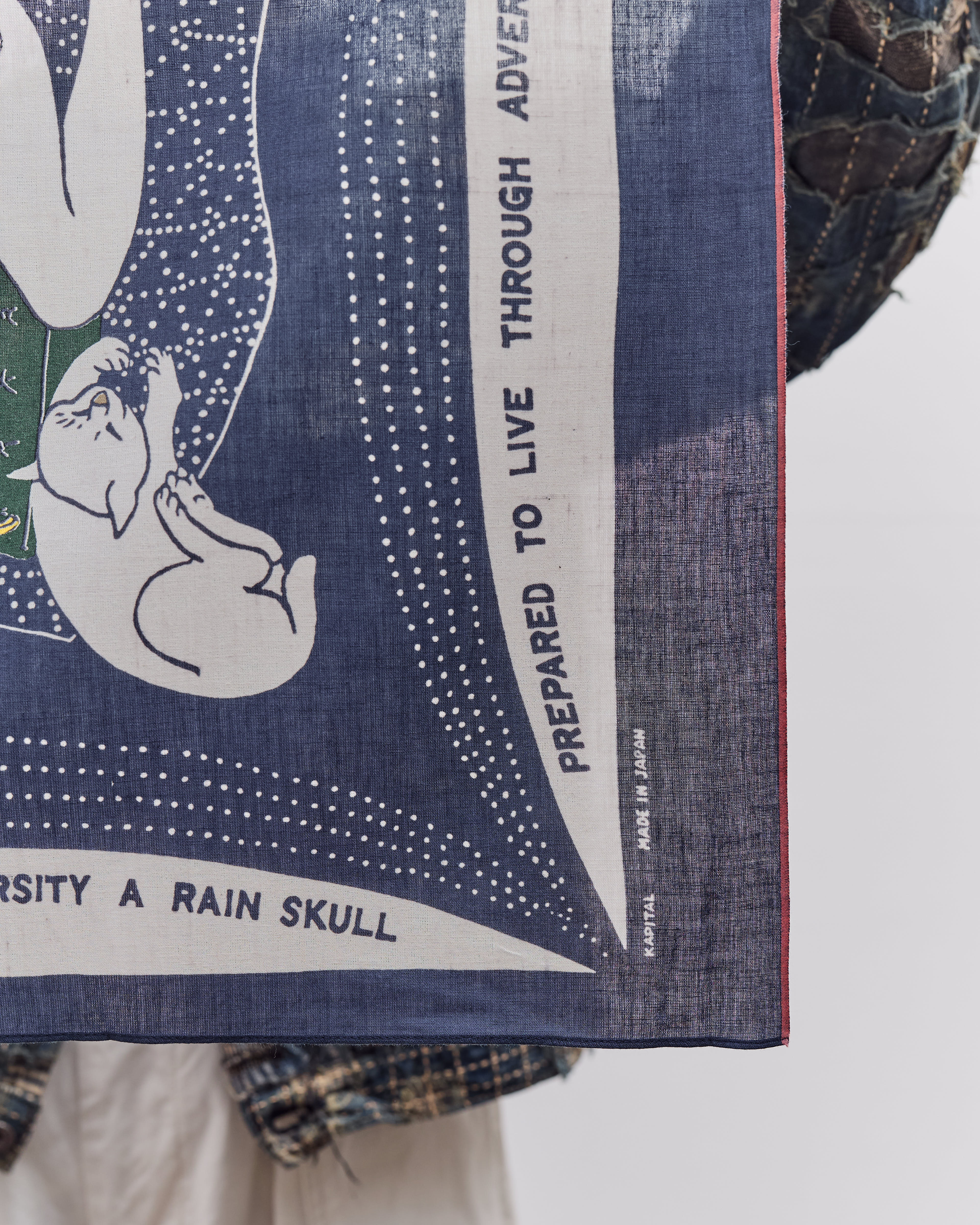 KAPITAL バンダナ 紺色 タトュー　和彫　手彫　レインスカル Kapital Rainskull No Woman No Cry Bandana, Navy/White – Glasswing