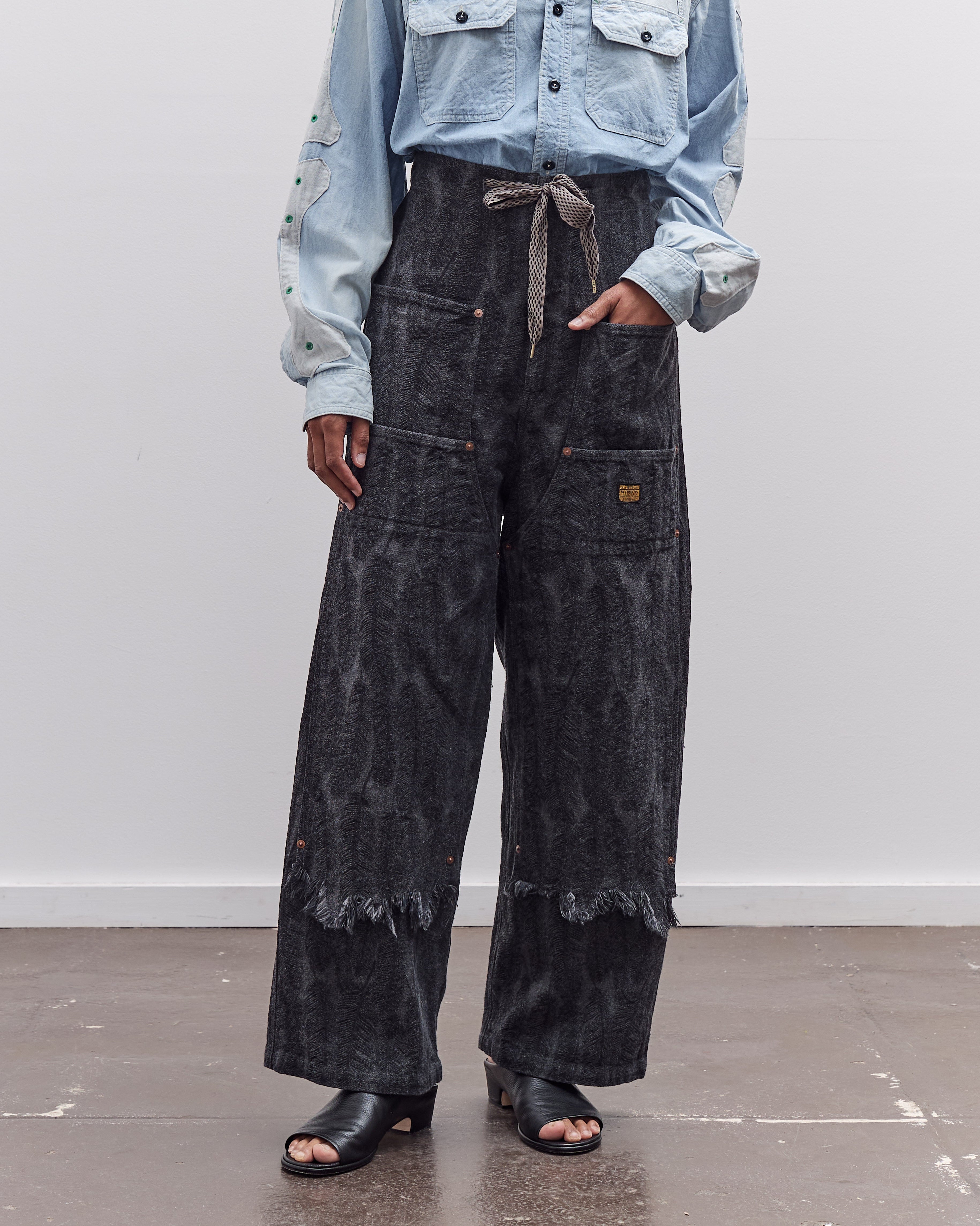 KAPITAL 12ozマグパイデニム Wニーイージーバギーパンツ Kapital 12oz MAGPIE Denim W-Knee Easy Baggy Pants, BLKxBLK – Glasswing