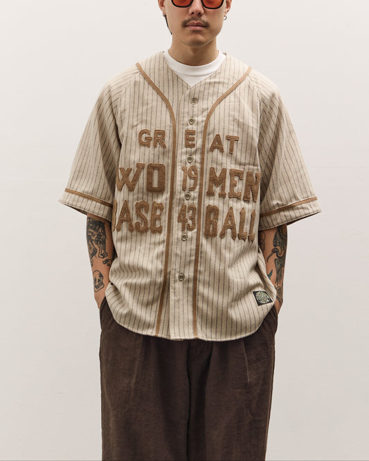 Kapital Wool Thin Stripe Great Women Baseball Shirt, Ecru