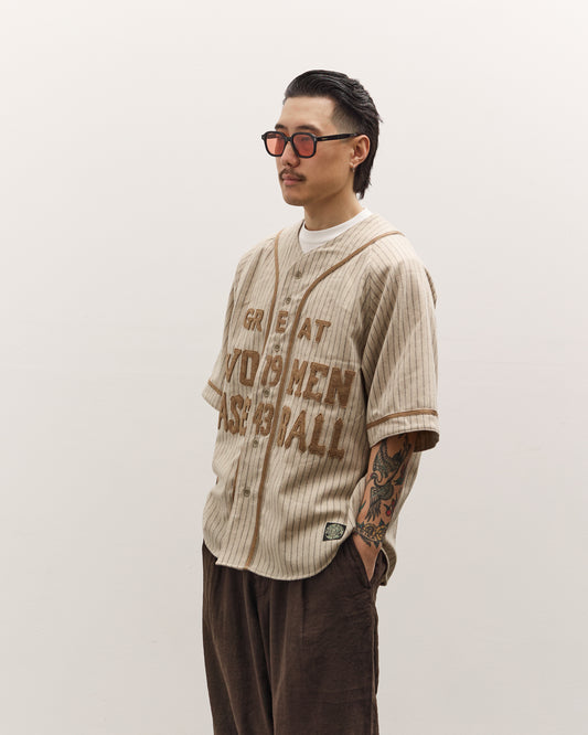 Kapital Wool Thin Stripe Great Women Baseball Shirt, Ecru