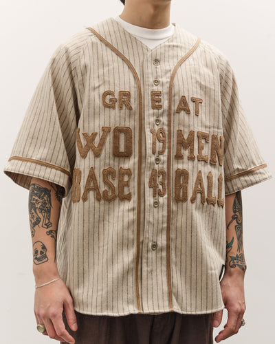Kapital Wool Thin Stripe Great Women Baseball Shirt, Ecru