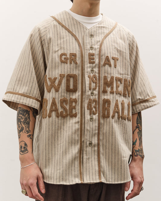Kapital Wool Thin Stripe Great Women Baseball Shirt, Ecru