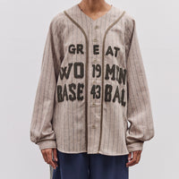 Kapital Wool Wide Stripe Great Women Baseball Long Sleeve Shirt, Beige