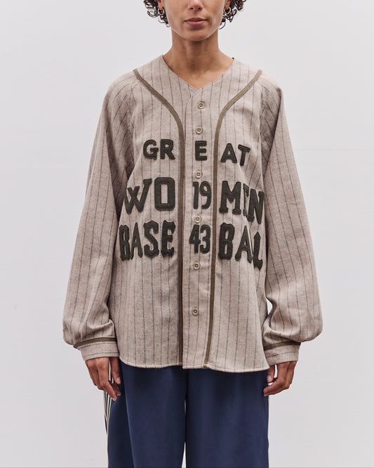 Kapital Wool Wide Stripe Great Women Baseball Long Sleeve Shirt, Beige