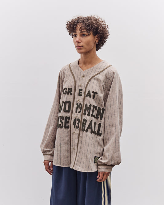 Kapital Wool Wide Stripe Great Women Baseball Long Sleeve Shirt, Beige
