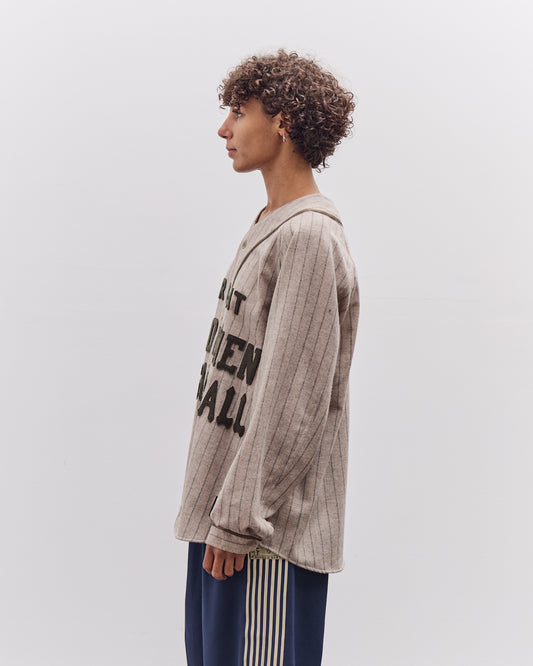 Kapital Wool Wide Stripe Great Women Baseball Long Sleeve Shirt, Beige