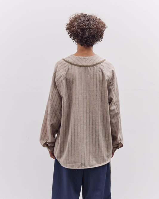 Kapital Wool Wide Stripe Great Women Baseball Long Sleeve Shirt, Beige