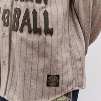 Kapital Wool Wide Stripe Great Women Baseball Long Sleeve Shirt, Beige
