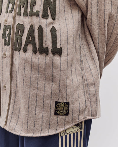 Kapital Wool Wide Stripe Great Women Baseball Long Sleeve Shirt, Beige
