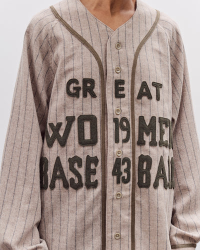 Kapital Wool Wide Stripe Great Women Baseball Long Sleeve Shirt, Beige