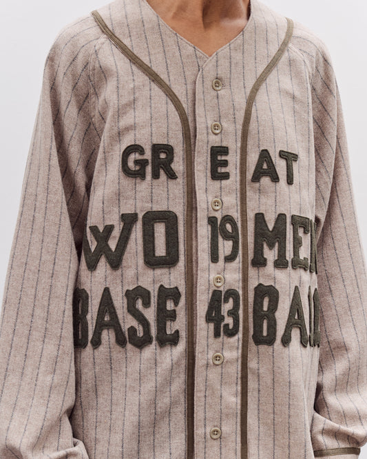 Kapital Wool Wide Stripe Great Women Baseball Long Sleeve Shirt, Beige