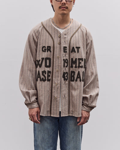 Kapital Wool Wide Stripe Great Women Baseball Long Sleeve Shirt Unisex, Beige