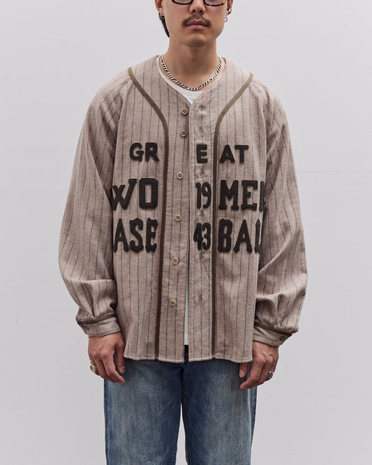 Kapital Wool Wide Stripe Great Women Baseball Long Sleeve Shirt Unisex, Beige