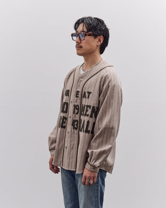 Kapital Wool Wide Stripe Great Women Baseball Long Sleeve Shirt Unisex, Beige