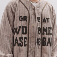 Kapital Wool Wide Stripe Great Women Baseball Long Sleeve Shirt Unisex, Beige