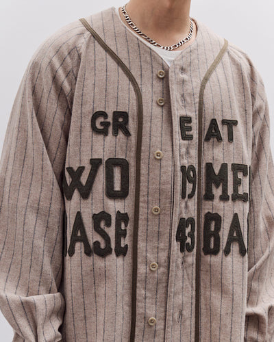 Kapital Wool Wide Stripe Great Women Baseball Long Sleeve Shirt Unisex, Beige