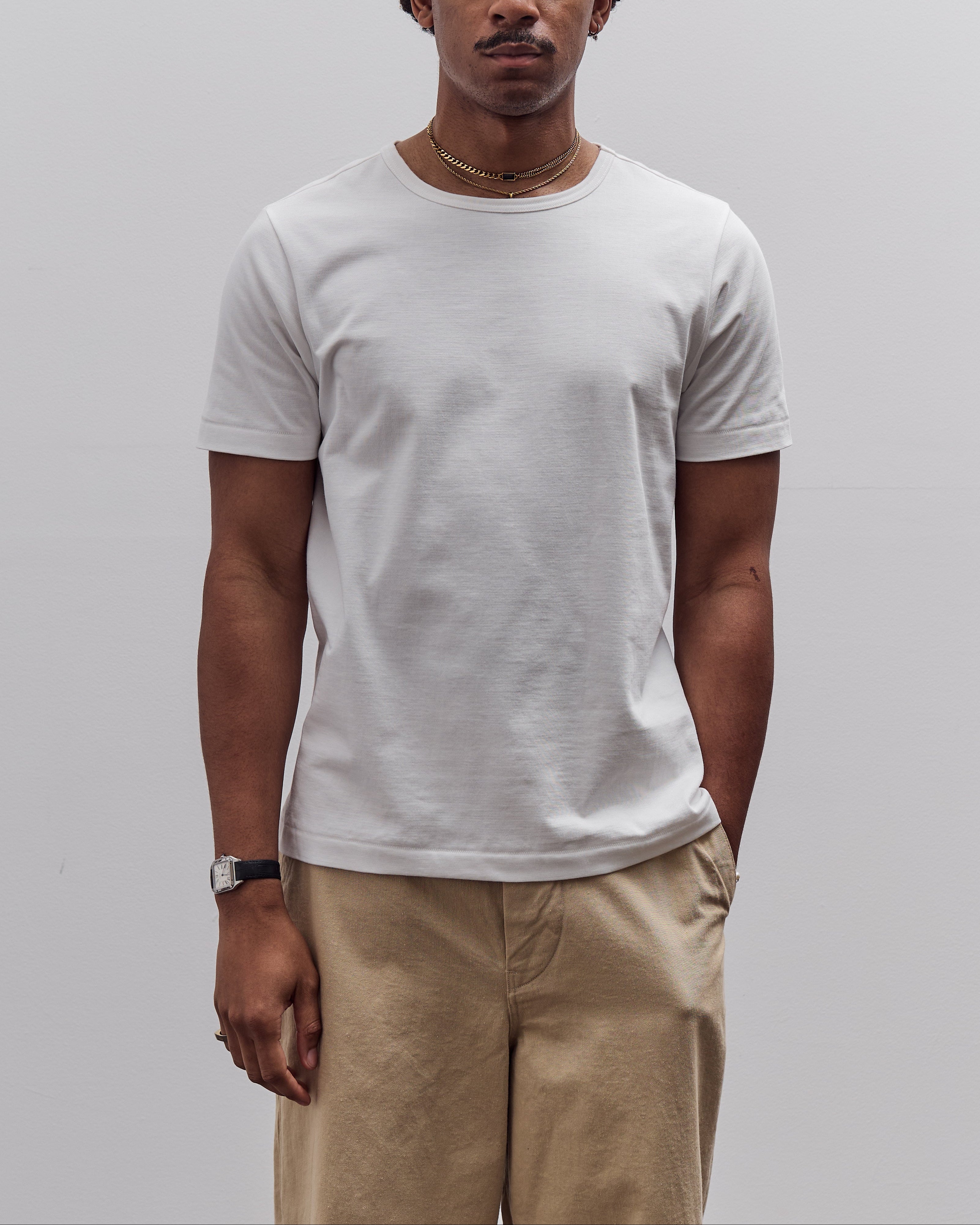 【新品、箱】Merz b. Schwanen 215ホワイト Tシャツ 5/M Merz b. Schwanen 215 Army Shirt, Grey Melange | Glasswing Shop