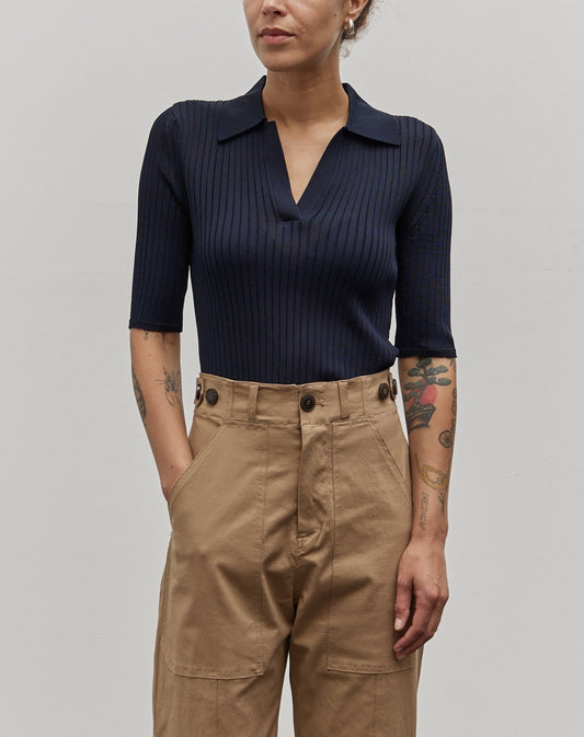 Mijeong Park Sheer Ribbed Collared Top, Navy