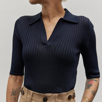 Mijeong Park Sheer Ribbed Collared Top, Navy