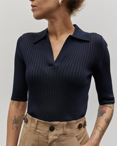 Mijeong Park Sheer Ribbed Collared Top, Navy