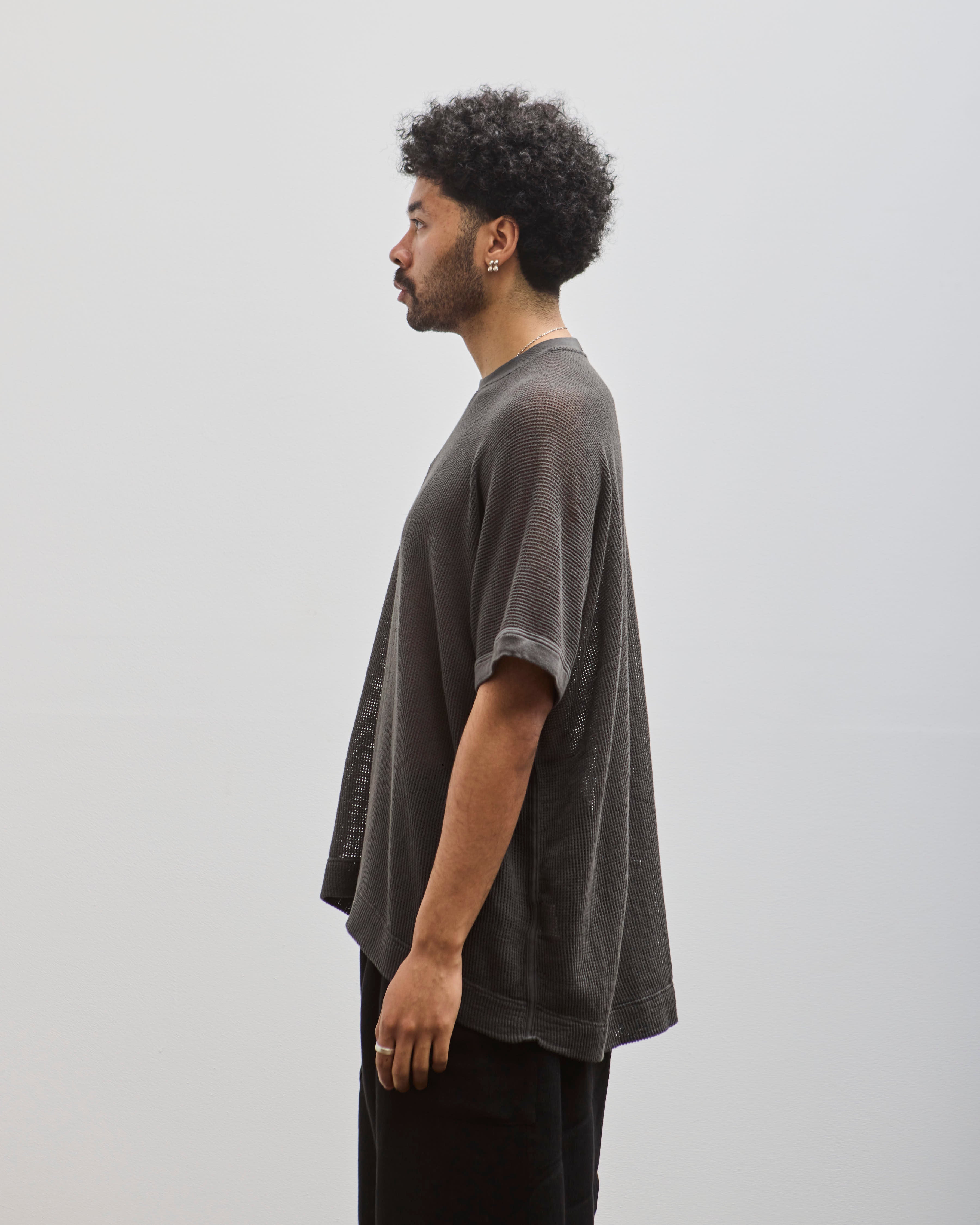 【OPENING PROJECT】 Curved Line Mesh T Shirt - Black O-Project Basic Tee, Off Black Mesh – Glasswing