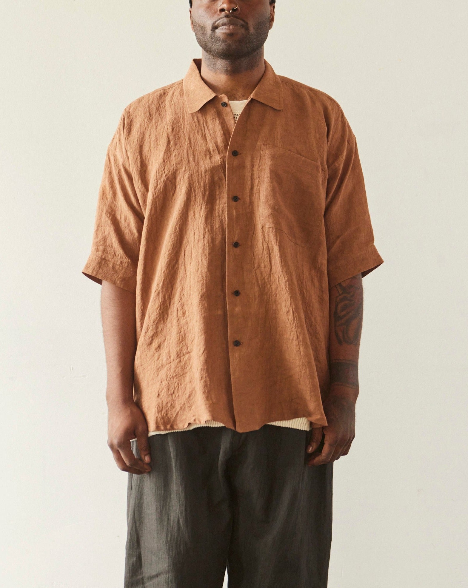 OrSlow, LINEN LOOSE FIT SHORT SLEEVE SHIRT ORANGE CHECK