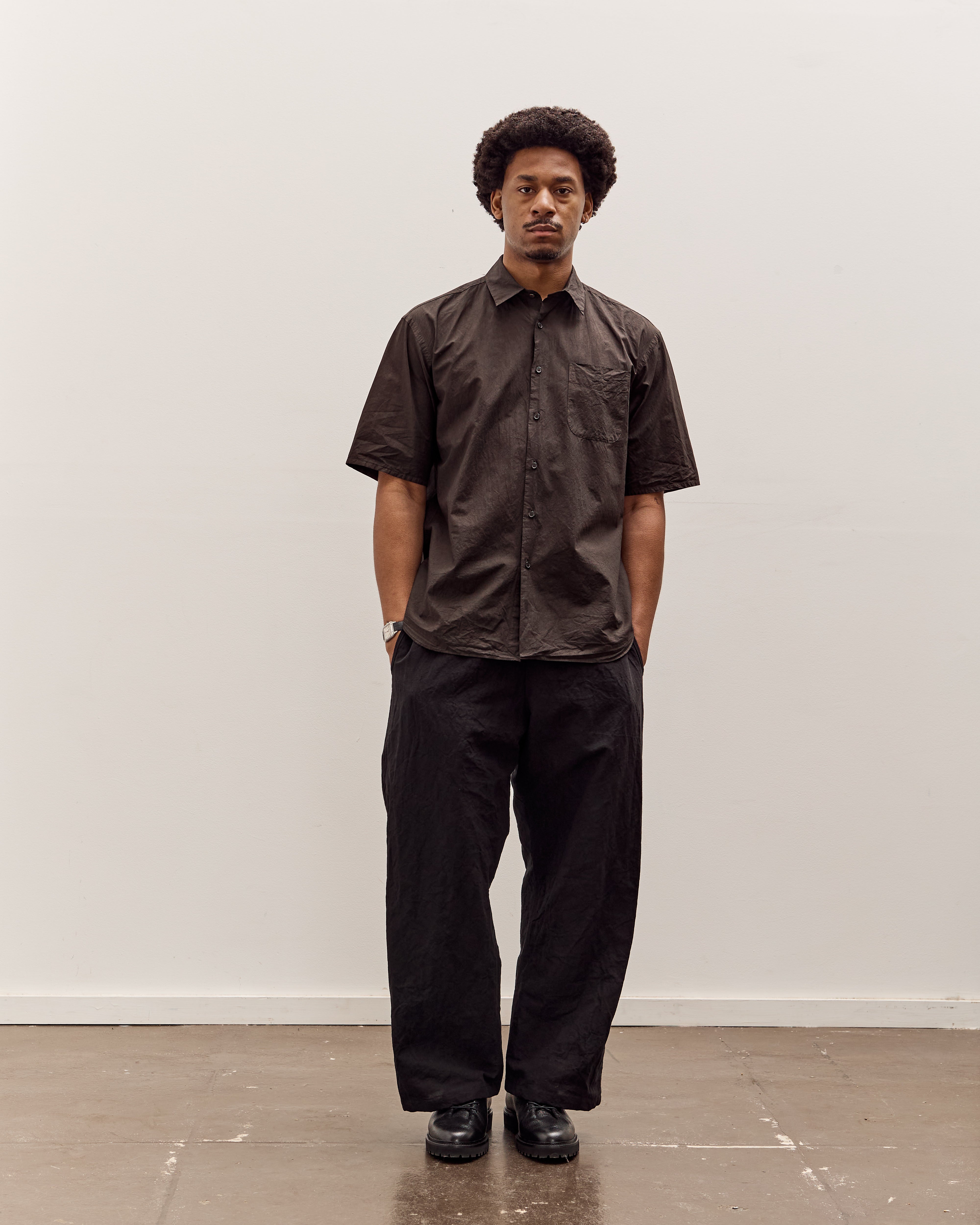 YOKOSAKAMOTO バンドカラーシャツ　KAKISHIBU sizeS Yoko Sakamoto Regular Collar S/S Shirt, Kakishibu – Glasswing