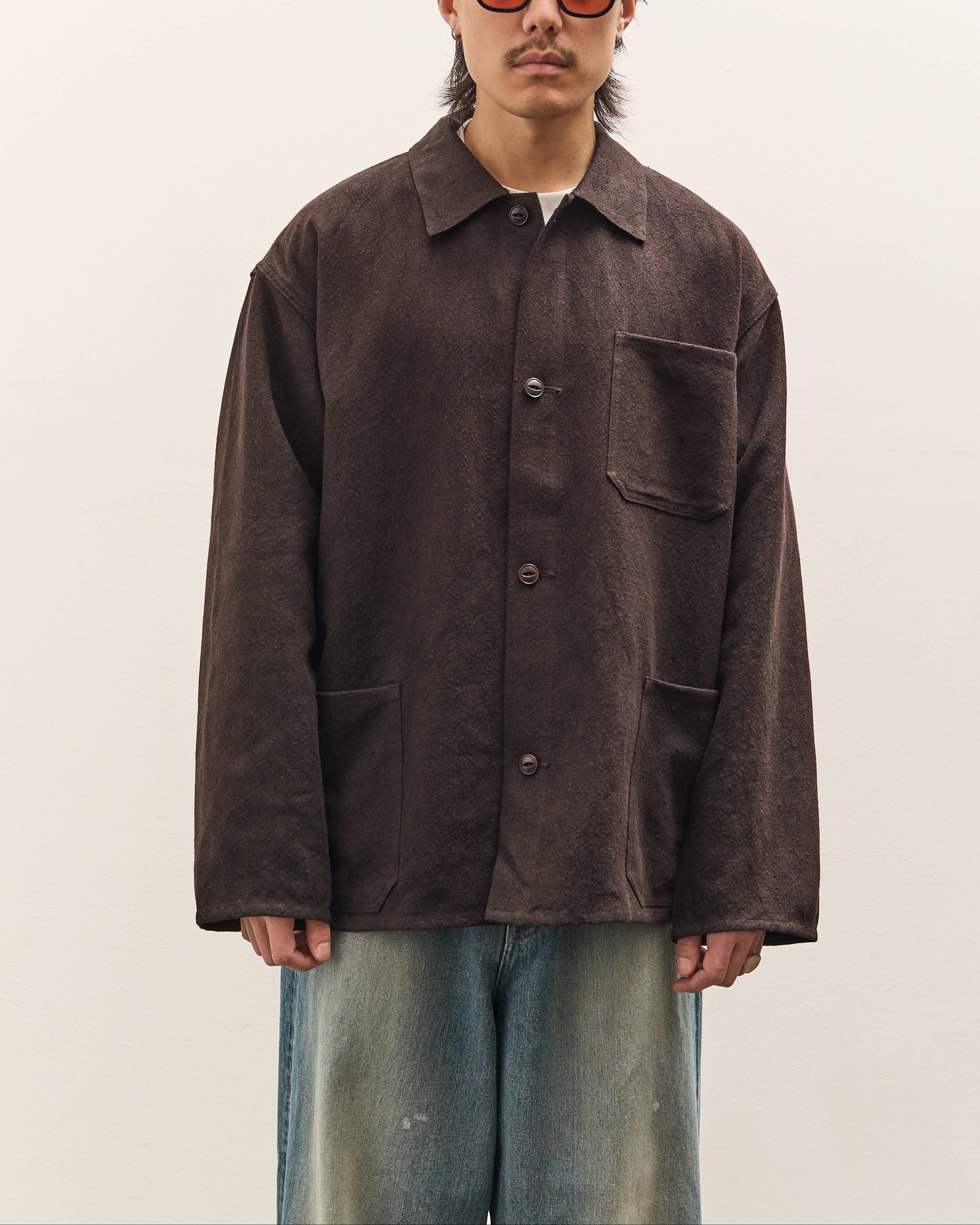 YOKO SAKAMOTO / WORK SHIRT 「brown」 サイズL Yoko Sakamoto Unisex Regular Collar Shirt, Kakishibu – Glasswing