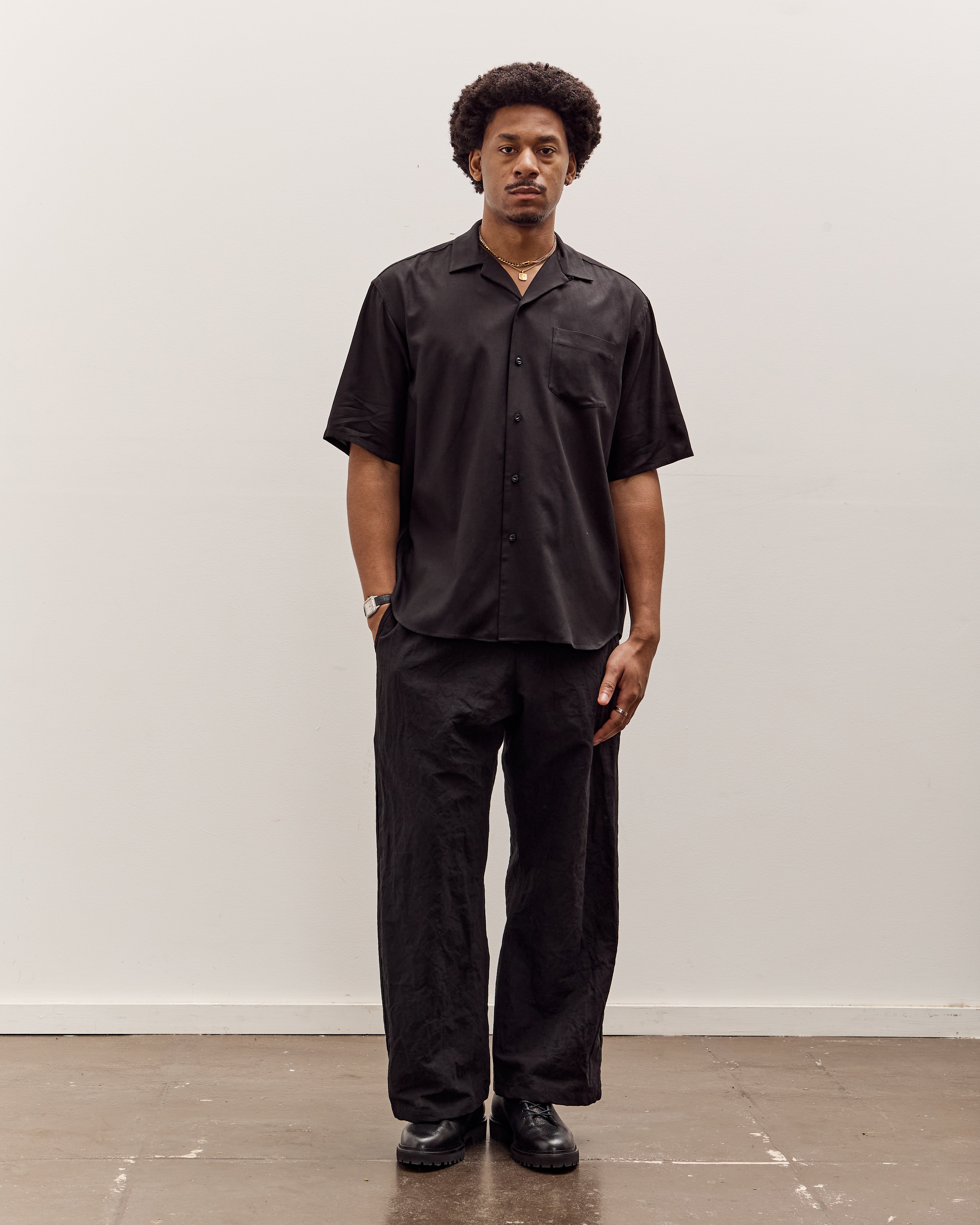 YOKO SAKAMOTO　OPEN COLLAR S/S SHIRT Yoko Sakamoto Open Collar S/S Shirt, Black – Glasswing