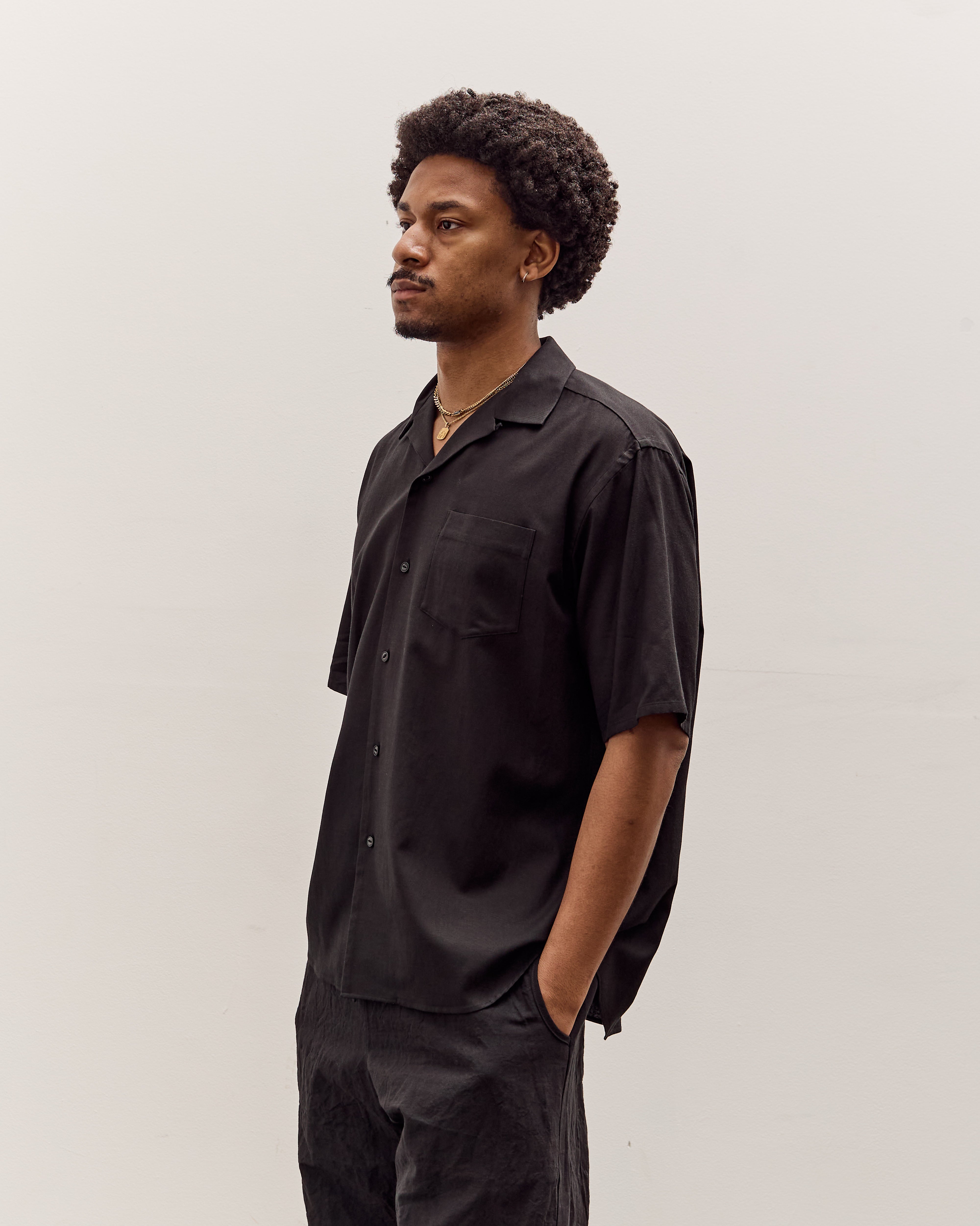 YOKO SAKAMOTO　OPEN COLLAR S/S SHIRT Yoko Sakamoto Open Collar S/S Shirt, Black – Glasswing
