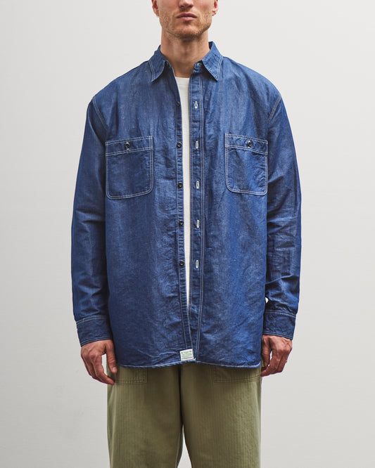 orSlow Linen Dungaree Work Shirt, Blue