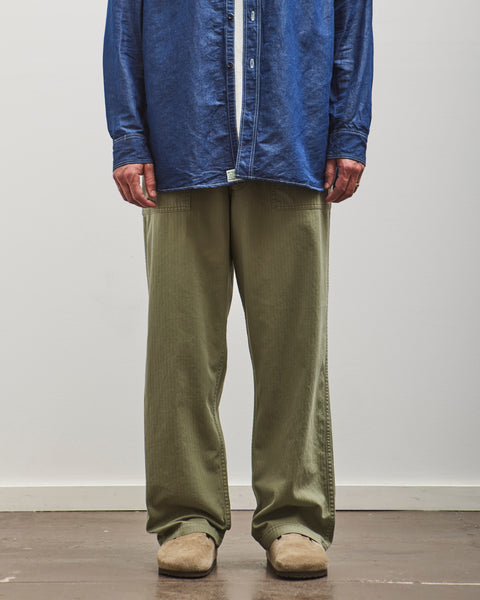 オアスロウ HERRINGBONE SUMMER FATIGUE PANTS orSlow - Summer Fatigue Pants - Green Herringbone Twill
